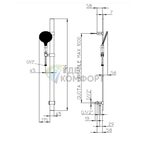 Комплект для душа BOSSINI APICE: штанга с подводом воды, ручной душ и шланг 1500 мм, черный матовый (D48086.073) - фото 2