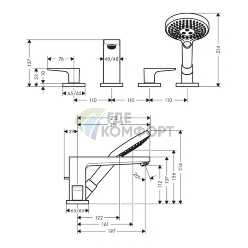 Смеситель для ванны Hansgrohe Metropol на 4 отверстия с ручным душем 3jet, хром (32553000) - фото 2