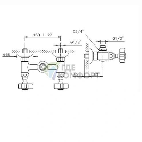 Настенный смеситель для душа Nicolazzi El Capitan с двумя ручками, хром (1425CR69) - фото 2