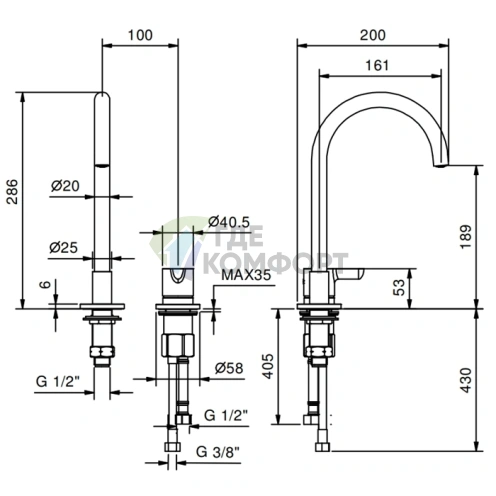 Смеситель для раковины Fantini Icona Classic: 2 отв., без донного клапана, хром (53 02 R504W) - фото 2