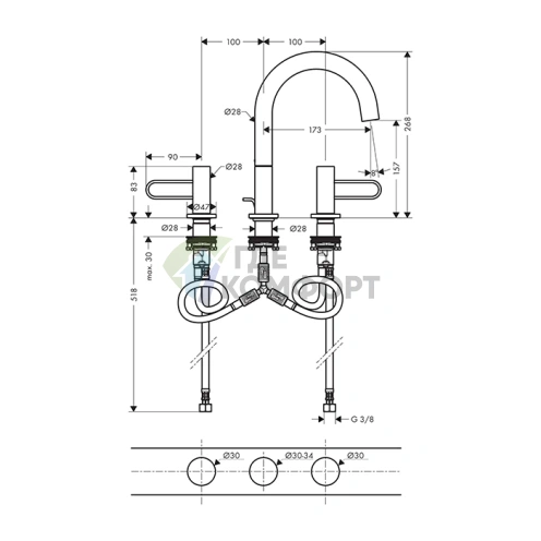 Смеситель для раковины AX Uno на 3 отверстия, 200 мм, цвет медь шлифованная (38054950) - фото 2