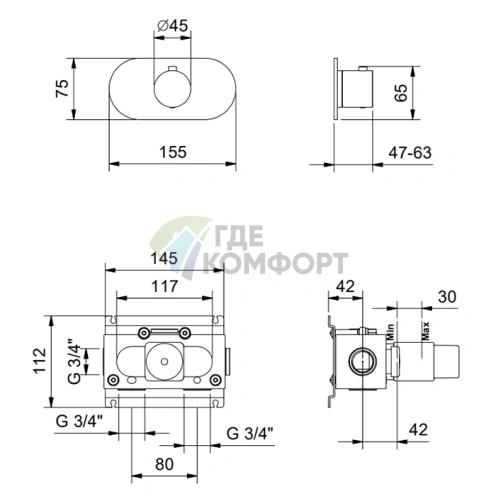 Настенный термостатический смеситель FANTINI FONTANE BIANCHE Matt Gun Metal PVD (47 P5 P300B) - фото 2