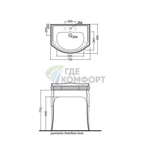 Раковина KERASAN Retro 73, 73x54 см, 3 отверстия, глянцевый черный (104704 nero*3) - фото 2