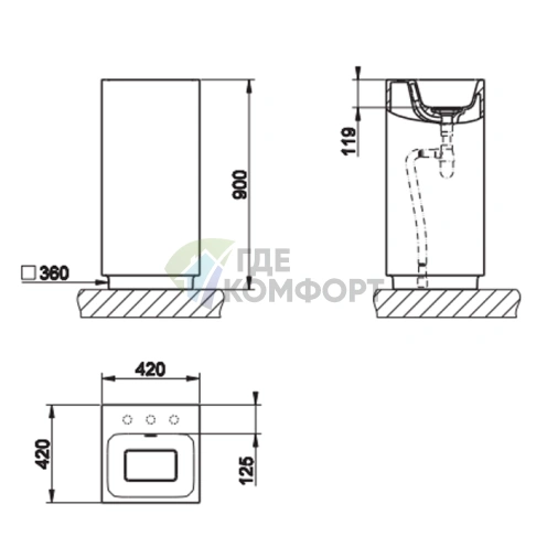 Напольная раковина Gessi Rettangolo 42х42 см матовый белый — 3 отверстия под смеситель, слив в пол - фото 2