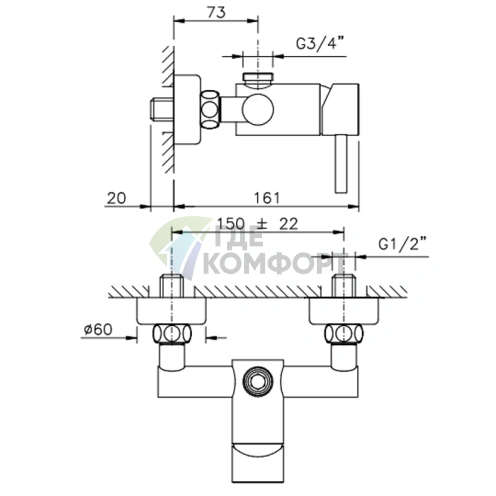 Смеситель для душа Nicolazzi Olympus настенный с верхним подключением 3/4 (хром) (3725CR) - фото 2