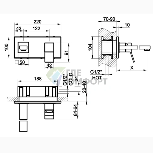 Gessi Rettangolo K: Встраиваемый смеситель для раковины с регулируемым изливом 70-300 мм, хром (53084#031) - фото 2