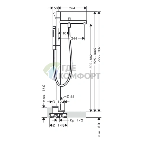 Смеситель для ванны AX Uno Zero напольный в цвете полированное золото (45416990) - фото 2