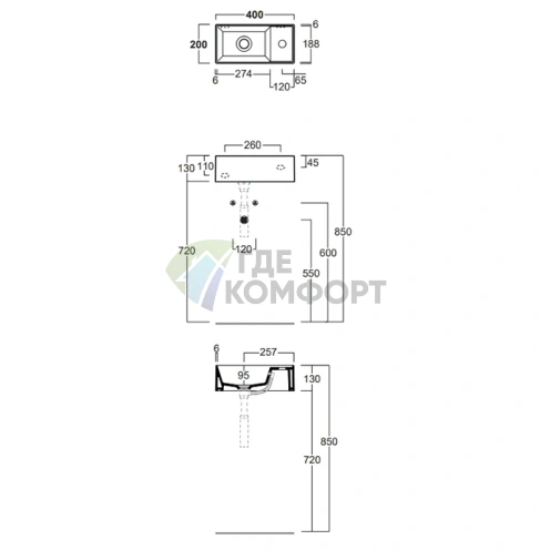 Подвесная раковина SIMAS AGILE 40x20 см, правая, Cemento Matt - фото 2