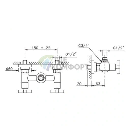 Смеситель для душа Nicolazzi M.Croce двухрукояточный с верхним подключением, хром (2225CR27) - фото 2