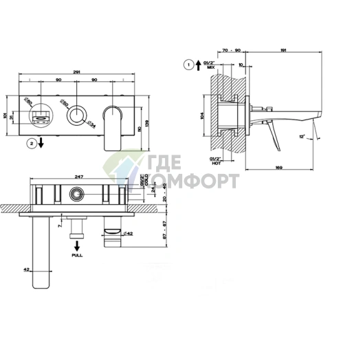 GESSI Rilievo: Встраиваемый смеситель для ванной на 2 источника, цвет Nero XL (59139#299) - фото 2