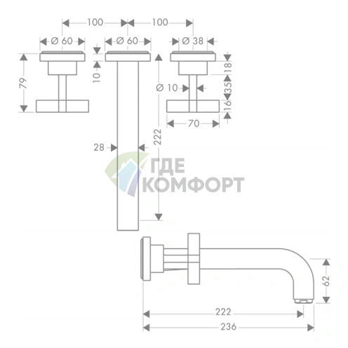 Встраиваемый смеситель AX Citterio для раковины на 3 отверстия с розетками, хром (39143000) - фото 2