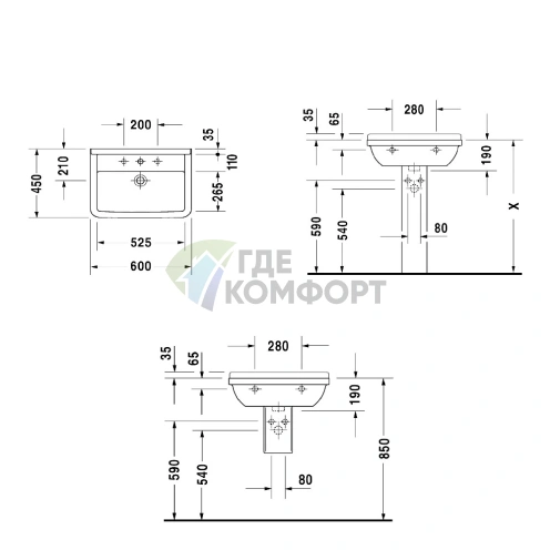 Раковина Duravit Starck 3 двойная 1300x485 мм с двумя отверстиями под смеситель и переливом, белый (865160000) - фото 3