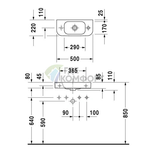 Раковина для рук Duravit Happy D2 без отверстия под смеситель 500×220 мм белая (711500000) - фото 2