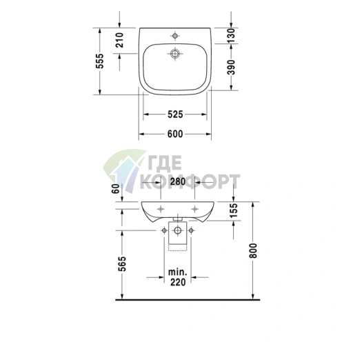 Медицинская раковина Duravit D-Code без перелива и отверстия 600x550 мм белого цвета (23136000702) - фото 2