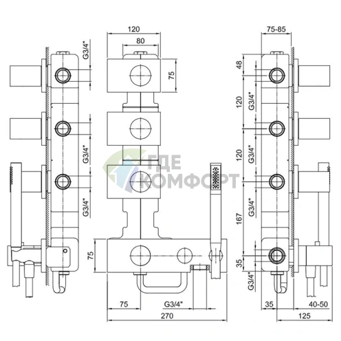 Термостат для душа Fantini Milano на 4 выхода, 3/4, наружный монтаж, хром (31 02 4714B) - фото 2