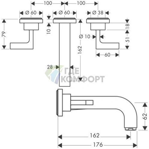 Смеситель для раковины AX Citterio встраиваемый с тремя отверстиями, розетками и незапираемым клапаном (39315000) - фото 2