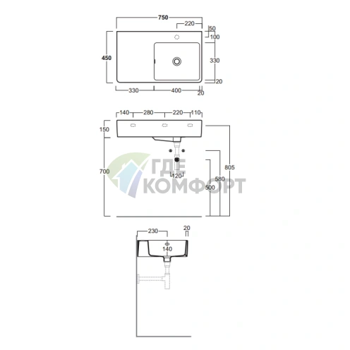 Накладная раковина SIMAS Top e 75x45 см белая с правым отверстием под смеситель - фото 2