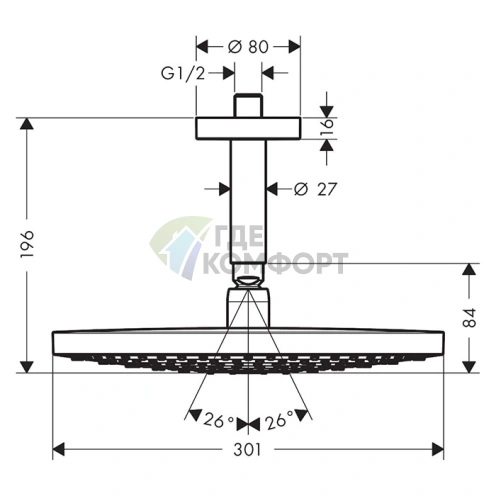 Верхний душ HG Raindance Select S 300 мм с технологией 2jet RainAir и шарнирным соединением (27337000) - фото 2