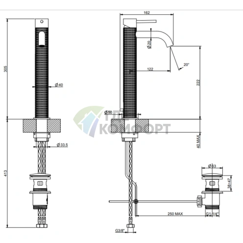 Смеситель GESSI для раковины высокий 305 мм с донным клапаном, цвет Brushed Black Metal PVD (54204#707) - фото 2