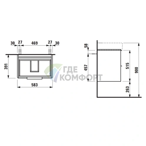 Подвесная база под раковину Laufen Base 8.1028.3 с двумя ящиками, 585×390×530 мм, белый матовый (4.0225.2.110.260.1) - фото 2