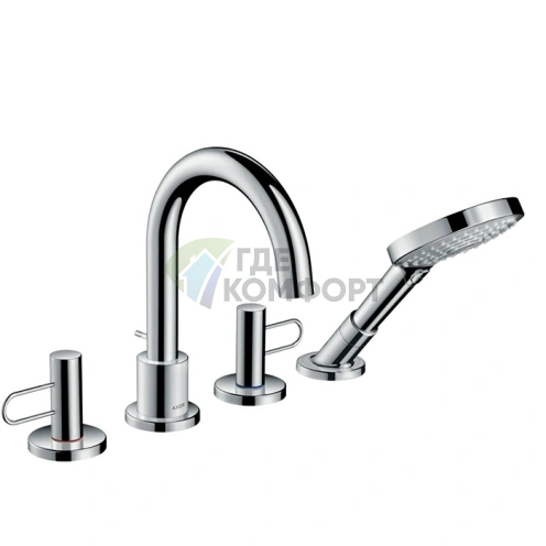 Смеситель для ванны AX Uno на 4 отверстия с ручным душем и рукоятками-петлями, хром (38445000) - фото 1