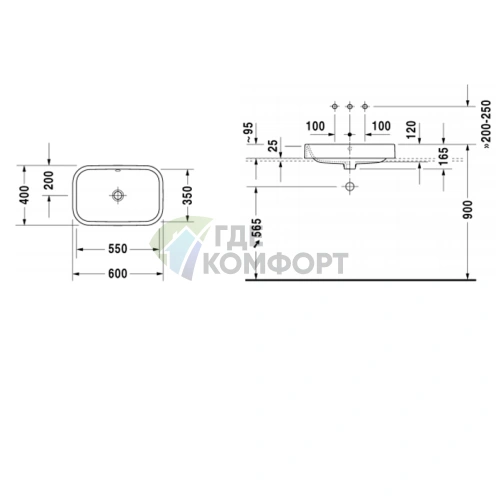 Раковина DURAVIT Happy D2 60x40 см белая без отверстия под смеситель (2314600000) - фото 2