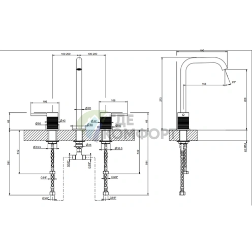 Смеситель для раковины GESSI 316 на 3 отверстия без донного клапана в цвете Brushed Black Metal PVD (54311#707) - фото 2