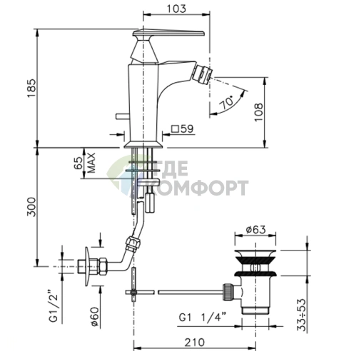 Смеситель для биде Nicolazz Vincent: настенный монтаж, донный клапан (3003CR35) - фото 2