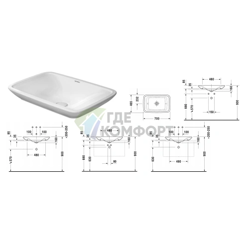 Раковина Duravit PuraVida накладная белая: без перелива и площадки под смеситель, в комплекте крепление и выпуск с керамической крышкой (369700000) - фото 2