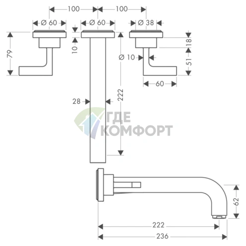 Встраиваемый смеситель AX Citterio для раковины на 3 отверстия с розетками, хром (39147000) - фото 2
