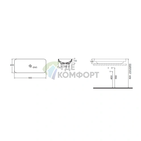 Накладная раковина AZZURRA ELEGANCE SOFT 90x40 см без отверстия, белая - фото 3