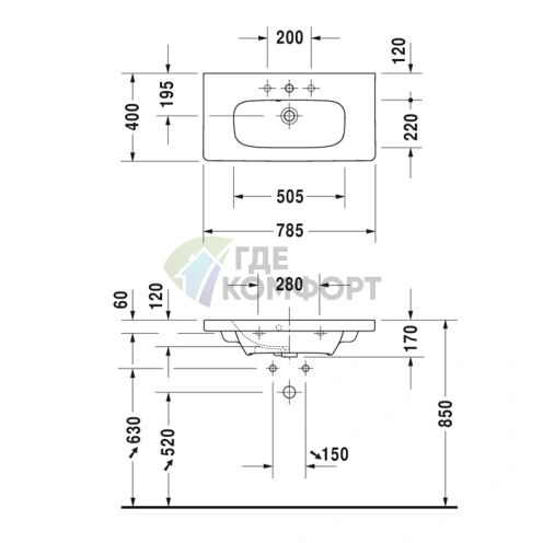 Раковина Duravit DuraStyle для мебели компактная с переливом, 785x400 мм, белая (2337780000) - фото 2