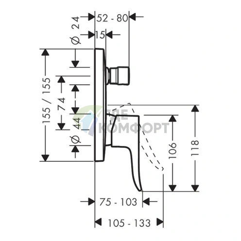 Встраиваемый смеситель для ванны Hansgrohe Metris с вакуумным переключателем, хром (31451000) - фото 2
