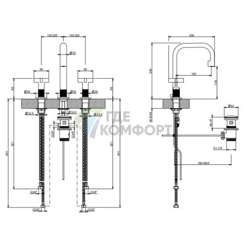 GESSI INCISO Смеситель для раковины на 3 отверстия с донным клапаном, золото (58113#246) - фото 2
