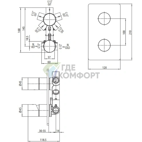 Смеситель для душа Bossini Liberty встраиваемый с девиатором 5 режимов, цвет античная бронза (Z00065.022) - фото 2