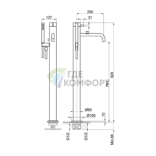 Напольный смеситель для ванны Fantini AF/21 с ручным душем, матовый графит (PVD) (27 P5 A580B) - фото 2