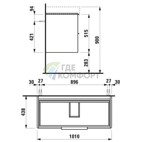 База под раковину Laufen Base 8.1396.6 подвесная 1010х440х530 мм с 2 ящиками цвет темный вяз (4.0245.2.110.263.1) - фото 2
