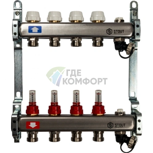 Коллекторная группа с запорными кранами из нержавеющей стали с расходомерами на 4 выхода STOUT - фото 2