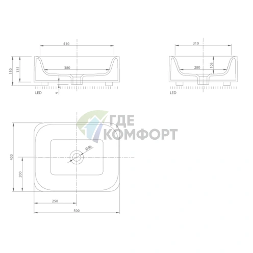 Накладная раковина KNIEF Shine 50×40 см с LED-подсветкой — без перелива, матовый белый - фото 2