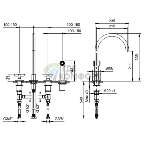 Смеситель для кухни Fantini Icona Classic с ручным душем, 4 отверстия, хром (53 02 R051) - фото 2
