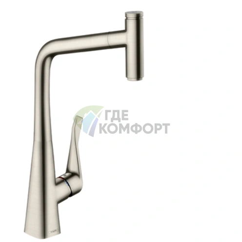 Смеситель для кухни Hansgrohe Metris Select M71 с вытяжным душем и поворотным изливом, цвет под сталь (73803800) - фото 1