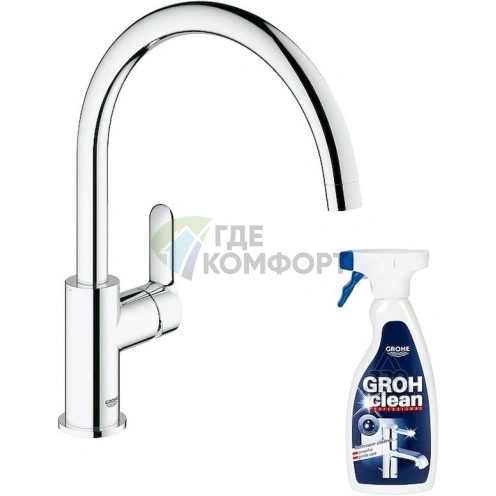 Смеситель Grohe BauEdge для кухни + очиститель Grohclean — готовый комплект - фото 1