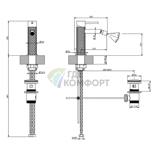 Смеситель для биде GESSI 316 с донным клапаном, излив 118 мм, цвет brushed black metal PVD (54107#707) - фото 2