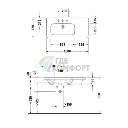 Раковина Duravit DuraStyle асимметричная с переливом и отверстием под смеситель для встраивания в мебель (2325100000) - фото 2