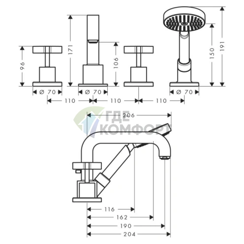 Смеситель AX Citterio для ванны с крестовыми рукоятками и ручным душем, 4 отверстия, хром (39445000) - фото 2