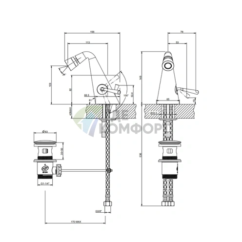 Смеситель для биде Gessi Cono с донным клапаном 1 1/4 и шлангами 3/8 в цвете Black XL (45007#299) - фото 2
