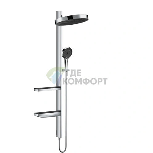 Душевая гарнитура HG Showerpipe: верхний душ, штанга, ручной душ и полочки (хром) (26842000) - фото 1