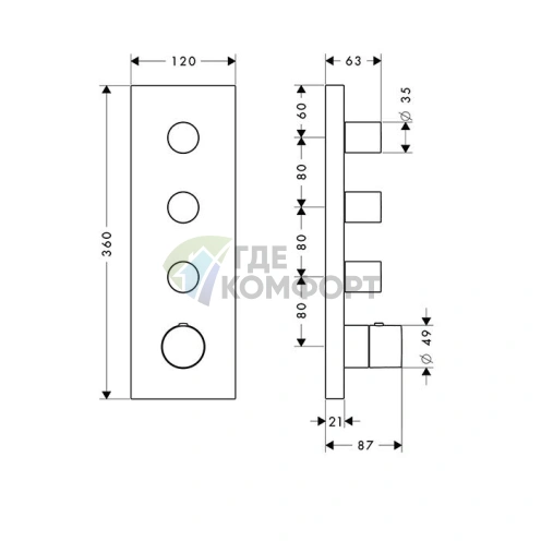 Встраиваемый термостат для душа AX ShowerCollection с 3 подводами, внешняя часть, хром (10751000) - фото 2