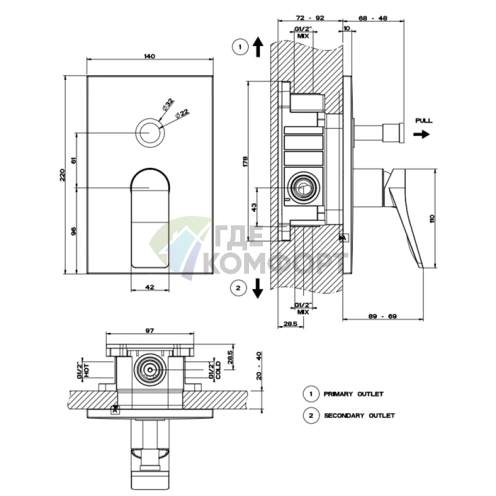 GESSI Rilievo — встраиваемый смеситель для душа на 2 выхода с автопереключением, хром (59079#031) - фото 2