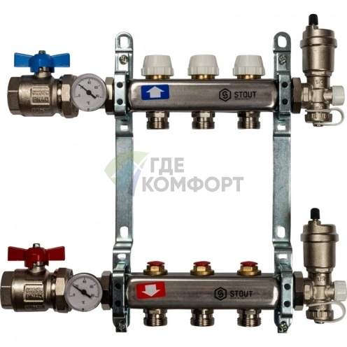 Коллекторная группа в сборе из нержавеющей стали без расходомеров на 3 выхода STOUT - фото 2